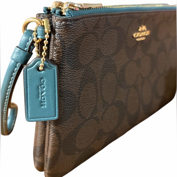 Coach Double Corner Zip Signature Brown & Teal Large Wristlet/Wallet - Picture 2 of 12
